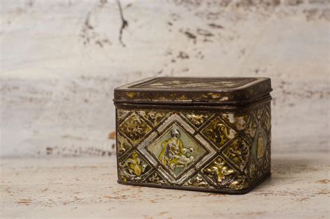 rare collectible detailed metal box with wooden bottom|Antique Wood And Metal Box .